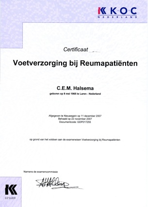 Certificaat Voetverzorging bij reumapatienten
